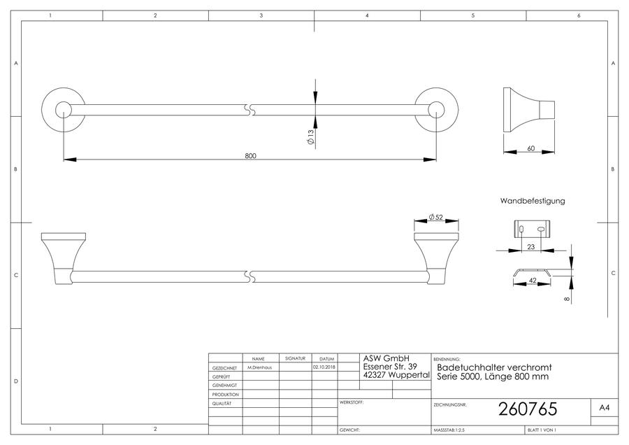 Artikelbild 2 des Artikels „ASW Badetuchhalter Serie 5000 800mm, Metallguss verchromt 800 mm“