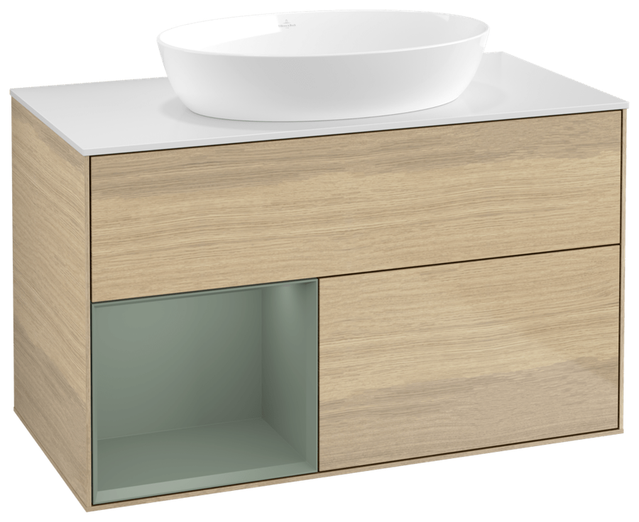 Artikelbild 1 des Artikels „V&B WT-Unterschrank Wandbel. Finion 100, Pl wh. m, Reg Oli. m Lac, Oa ven Regal Olive matt lacquer | oak veneer“