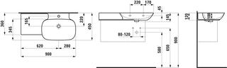 Laufen Waschtisch INO 90x45cm, ang. Ablage L, o HL, o Ü, gr ma