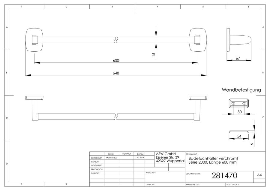 Artikelbild 2 des Artikels „ASW Badetuchhalter Serie 2000 600mm, Metallguss verchromt 600 mm“