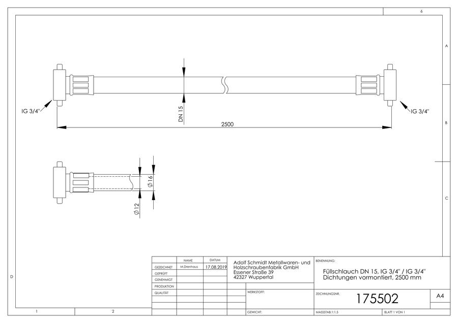 Artikelbild 2 des Artikels „ASW Füllschlauch 2500 mm, DN 15, IG 3/4, IG 3/4 2500 mm“