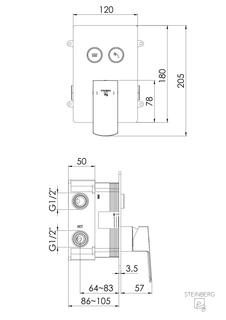 Steinberg Fertigmontageset pushtronic Digital UP-Wanne-/Brause-Einhebelmischer, Wandmontage, eckig