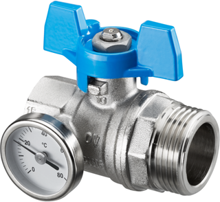 Kugelhahn flachdichtend, blau, mit Thermometer
