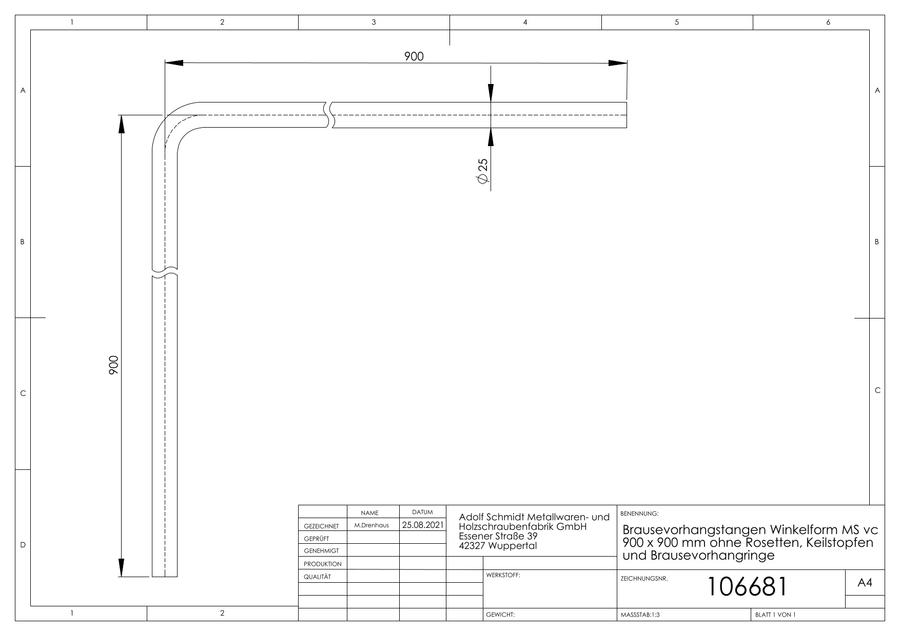 Artikelbild 2 des Artikels „ASW Brausevorhangstange Serie 1000 900x900mm, d 25mm, Win., MS vc, Keilst. 900 x 900 mm“