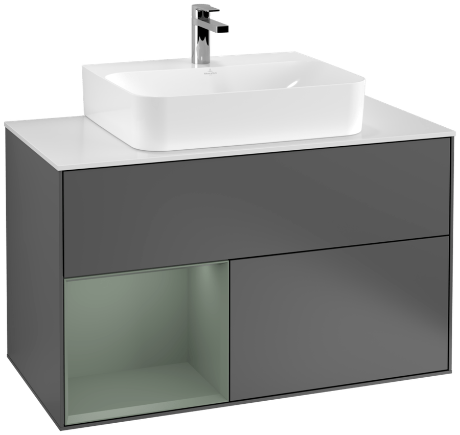 Artikelbild 1 des Artikels „V&B Waschtisch-Unterschrank Finion 100, Pl b m, Rg l Oli. m Lac, Anthrac. m Regal links Olive Matt Lacquer | anthracite matt lacquer“