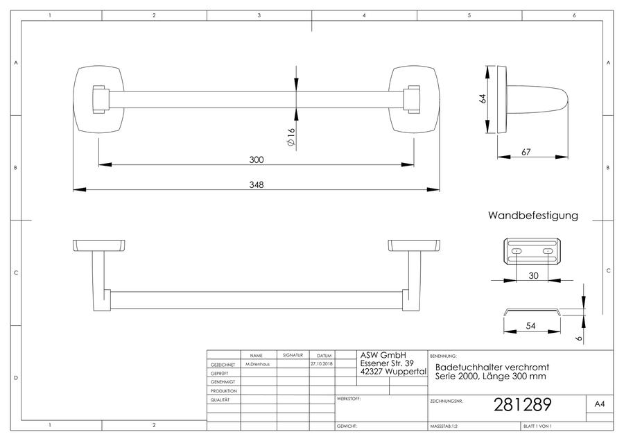 Artikelbild 2 des Artikels „ASW Badetuchhalter Serie 2000 300mm, Metallguss verchromt 300 mm“