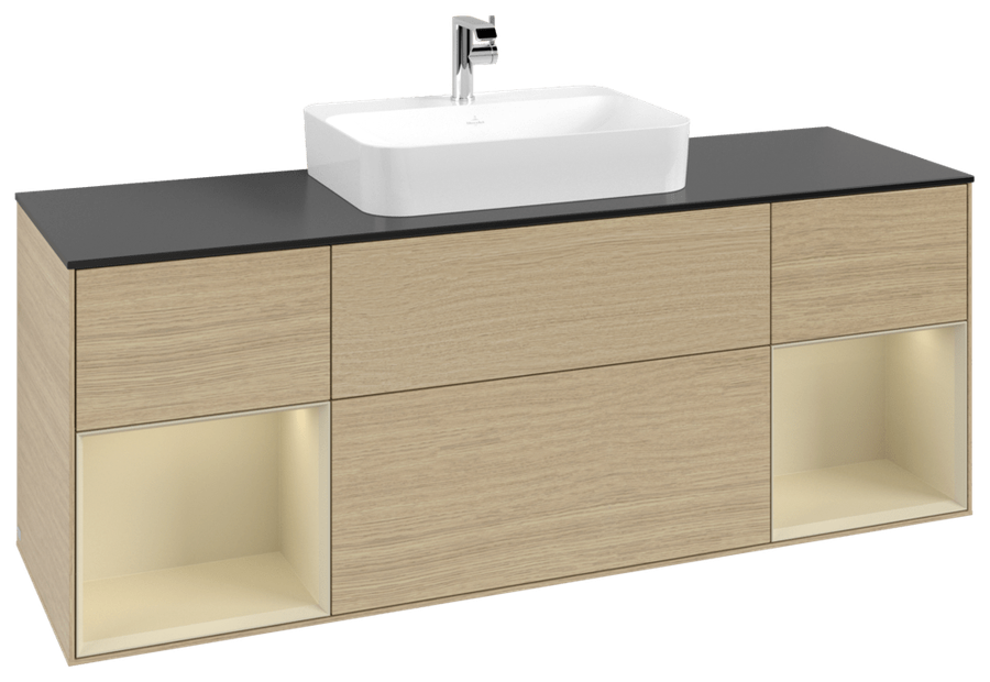 Artikelbild 2 des Artikels „V&B WT-Unterschrank Wandbel. Finion 160cm, Pl bla m, Reg si Gr m Lac, Oa ven Regal Silk Grey Matt Lacquer | oak veneer“