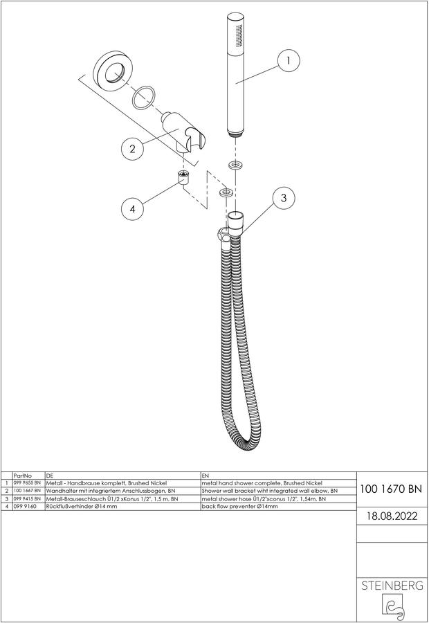Artikelbild 3 des Artikels „Steinberg Handbrausegarnitur Serie 100 m Wd-Anschl.bg + Schl 1500mm, brush. ni. Brushed Nickel“