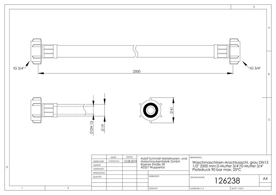 Artikelbild 2 des Artikels „ASW Wasch-/Spülmaschinen-Zulaufschlauch 2500mm, DN 13, 1/2