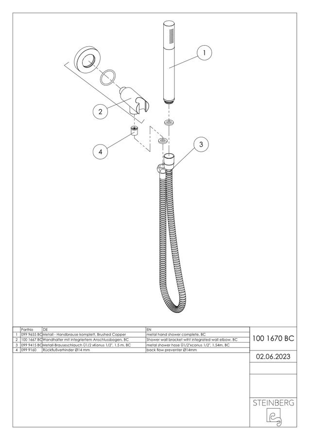 Artikelbild 2 des Artikels „Steinberg Handbrausegarnitur Serie 100 m Wd-Anschl.bg + Schl 1500mm, brush. cop “