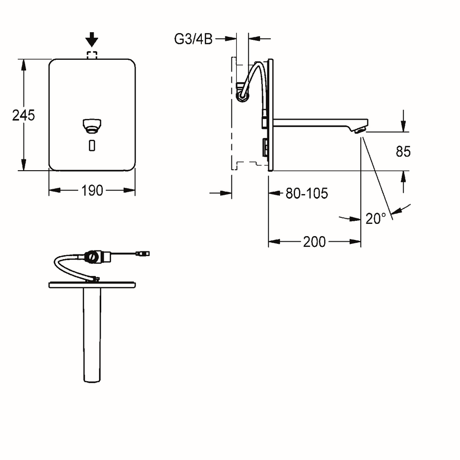 Artikelbild 3 des Artikels „AR Wascharmatur, F3, elek., o. Mischung, UP, F-Set, Ausld. 200 mm, 3l, f. Net “