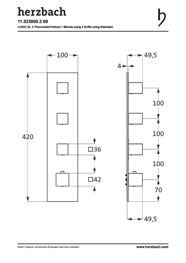 Artikelbild 2 des Artikels „Herzbach Fertigmontageset Logic XL 3 THM-Modul, 1 Bl ek, 4 Gr. eck., ES geb. Edelstahl gebürstet“