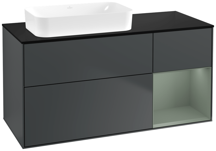 Artikelbild 1 des Artikels „V&B Waschtisch-Unterschrank Finion 120x60 cm, Rg r Oli. m Lac, md bl. m Lac Regal rechts Olive Matt Lacquer | midnight blue matt lacquer“