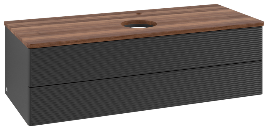 Artikelbild 1 des Artikels „V&B WTU m F-Struktur -Beleuchtg. Antao 120x36x50cm, HL, WBP w. wal, bla m Lac Waschbeckenplattenfarbe warm walnut | black matt lacquer“