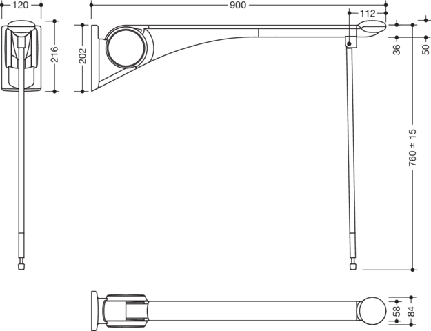 Artikelbild 2 des Artikels „HEWI Stützklappgr 802 LifeSystem Basic 900mm, anthr. hgl/anthr m, m Bodenstütze 900 mm | anthrazit hochglanz/anthrazit matt“