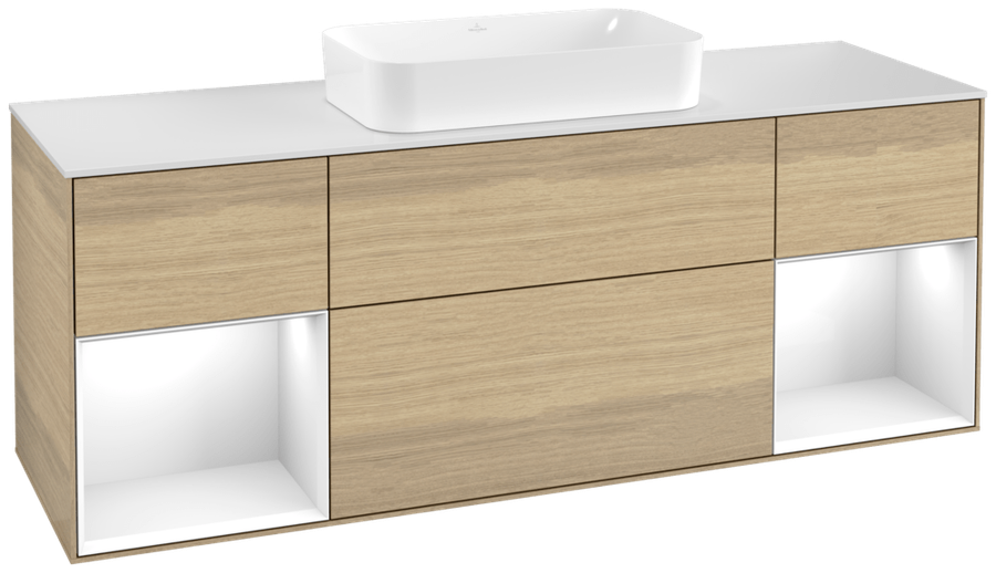 Artikelbild 1 des Artikels „V&B WT-Unterschrank Wandbel. Finion 160cm, Pl wh. m, Reg glo wh. Lac, Oa ven Regal Glossy white lacquer | oak veneer“