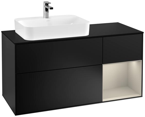Artikelbild 1 des Artikels „V&B Waschtisch-Unterschrank Finion 120cm, Pl bla m, Reg re sa m, bla m Lac Regal rechts Sand Matt | black matt lacquer“