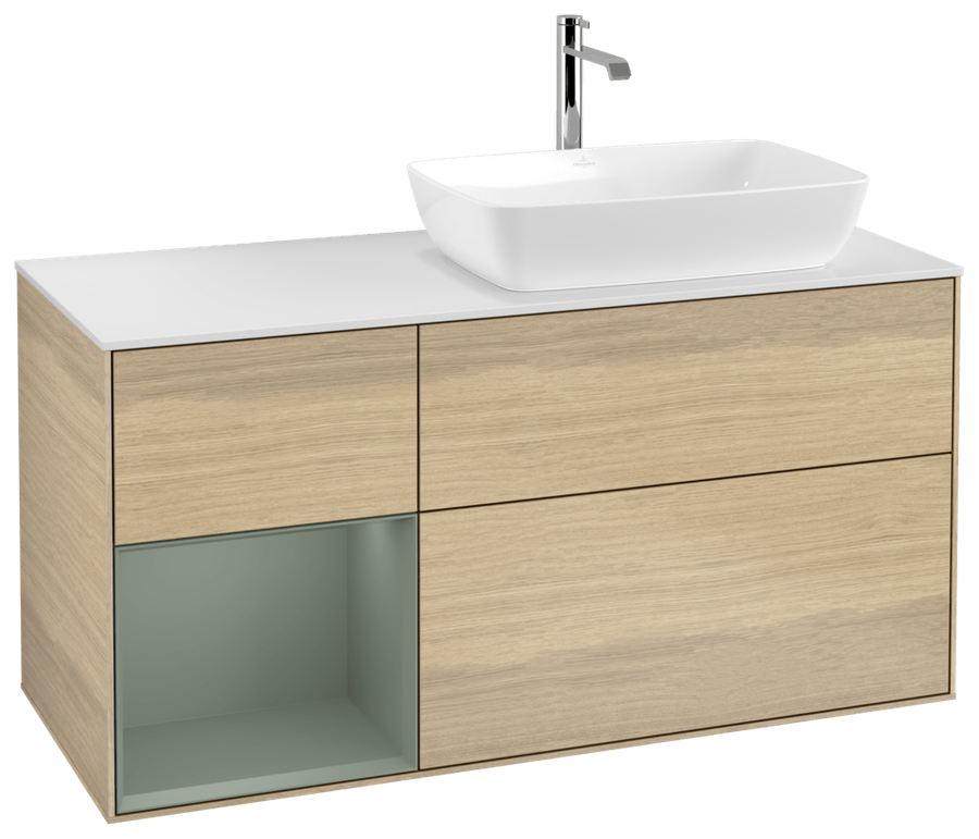 Artikelbild 1 des Artikels „V&B WT-Unterschrank Wandbel. Finion 120cm, Pl wh. m, Reg Oli. m Lac, Oa ven Regal Olive matt lacquer | oak veneer“