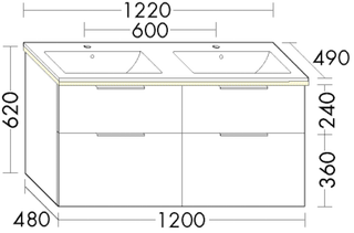 Burgbad LED Doppelwaschtisch US-Set Eqio 122x62x49cm, 2 Lade/Ausz., WT we, Lac ma