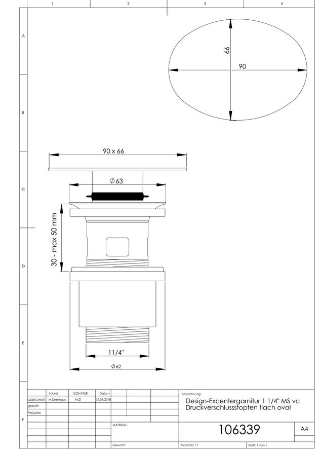 Artikelbild 2 des Artikels „ASW Design-Ablaufventil 1 1/4x 63mm, ov., MS vc, 90x66mm, schl. 90 x 66 mm, verschließbar“