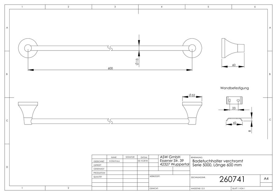 Artikelbild 2 des Artikels „ASW Badetuchhalter Serie 5000 600mm, Metallguss verchromt 600 mm“