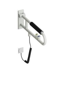 HEWI E-Stützklappgriff 801 850mm, li-grau, Armpol. sw, gelb Rg., m