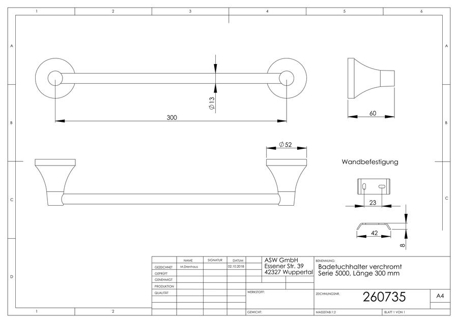 Artikelbild 2 des Artikels „ASW Badetuchhalter Serie 5000 300mm, Metallguss verchromt 300 mm“