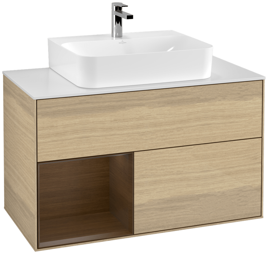 Artikelbild 1 des Artikels „V&B Waschtisch-Unterschrank Finion 100, Pl bla m, Reg li wal ven, Oa ven Regal links Walnut veneer | oak veneer“