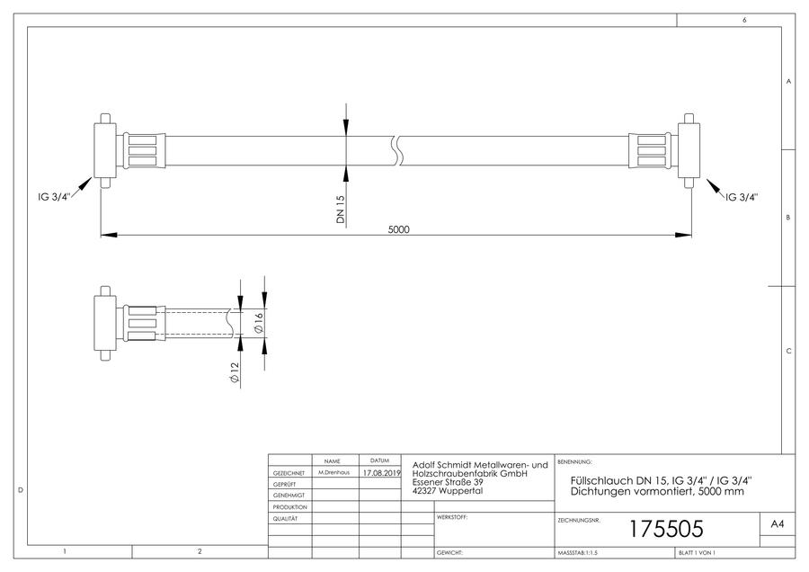 Artikelbild 2 des Artikels „ASW Füllschlauch 5000 mm, DN 15, IG 3/4, IG 3/4 5000 mm“