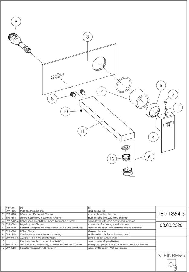 Artikelbild 3 des Artikels „Steinberg Fertigmontageset Serie 160 Ausl. 205mm, WT-Wand-EHM, chrom Ausladung 205 mm“