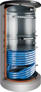 Pufferspeicher Stora für Wärmepumpe, rund, silber