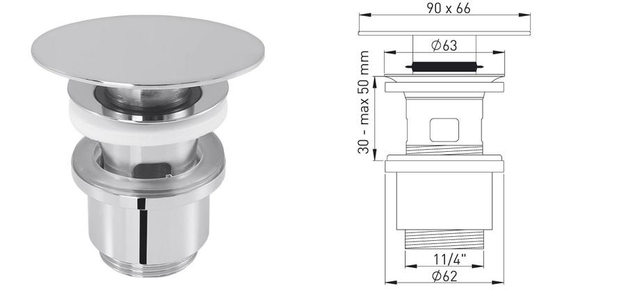 Artikelbild 1 des Artikels „ASW Design-Ablaufventil 1 1/4x 63mm, ov., MS vc, 90x66mm, schl. 90 x 66 mm, verschließbar“